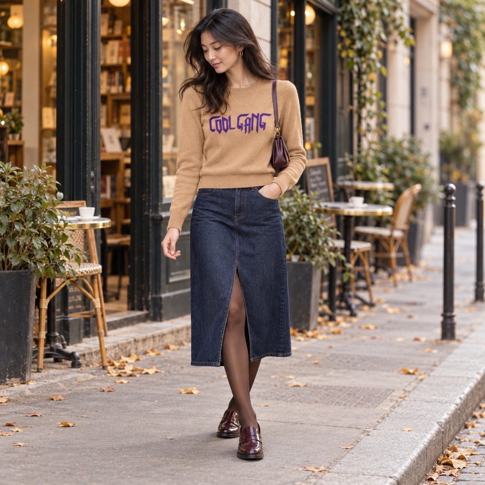 Sandro Paris Cool Gang Wool Cashmere Graphic Sweater Tan Purple Spellout